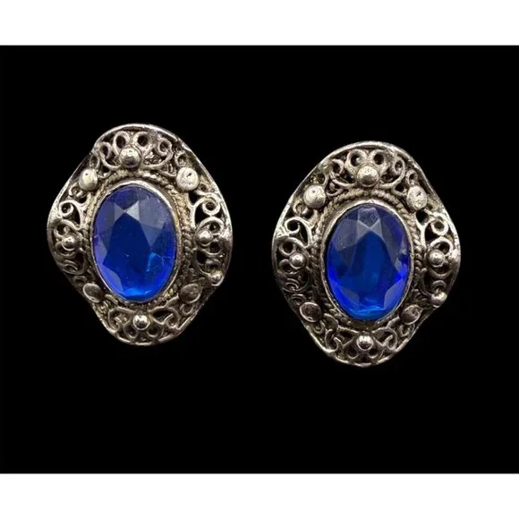 Vintage 80s Silver Blue Purple Faux Cabochon Tone Clip-On Earrings Lot 4 Pairs - Picture 4 of 13